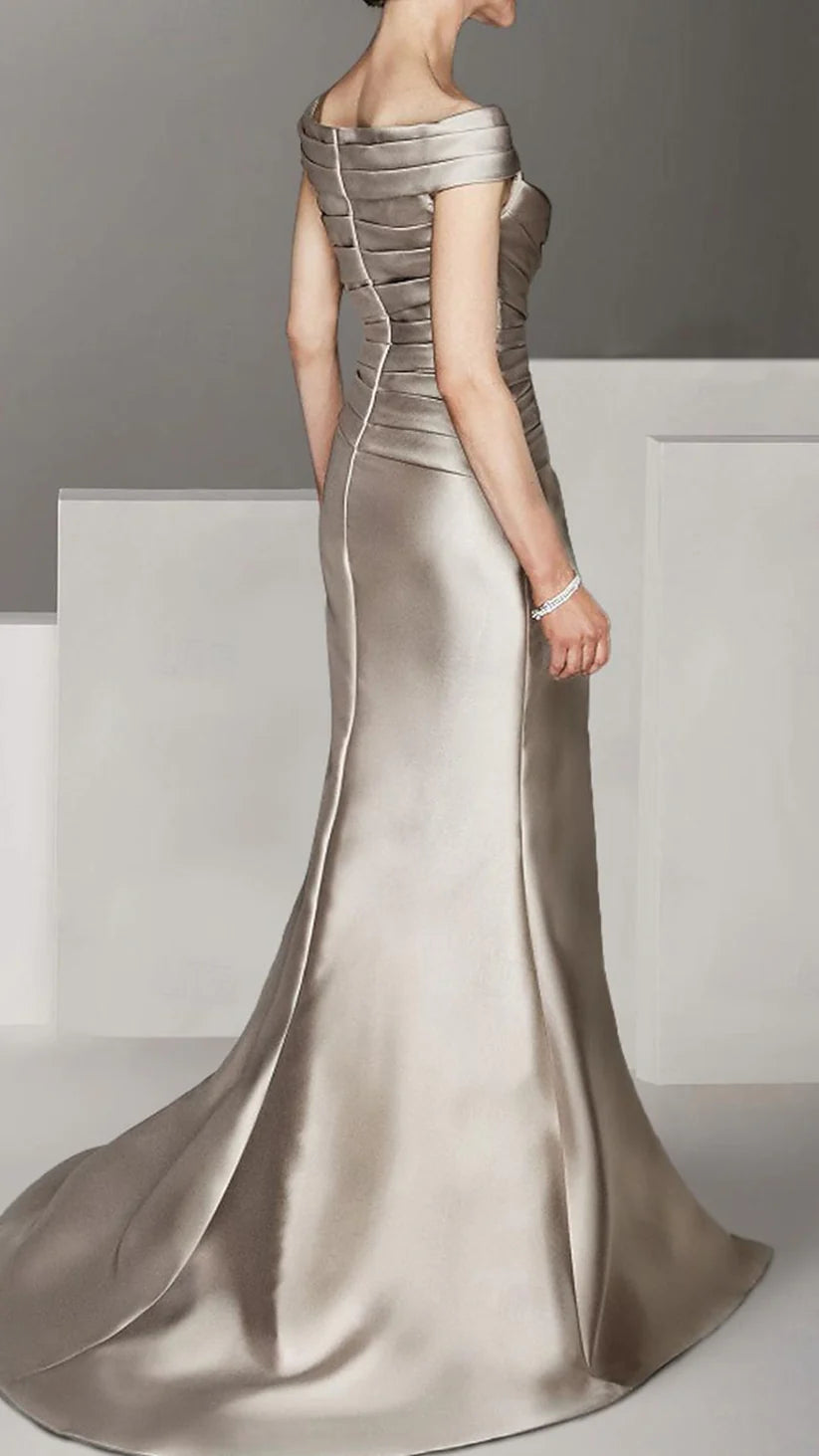 A-Line Mother of the Bride Dress Off Shoulder Floor LengthSleeve with Ruching simple gentle atmospheric and unique desi Bring summer colors to enhance whiteness