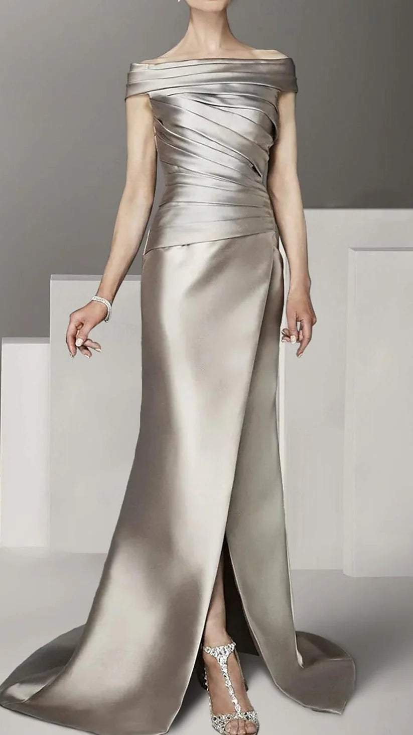 A-Line Mother of the Bride Dress Off Shoulder Floor LengthSleeve with Ruching simple gentle atmospheric and unique desi Bring summer colors to enhance whiteness