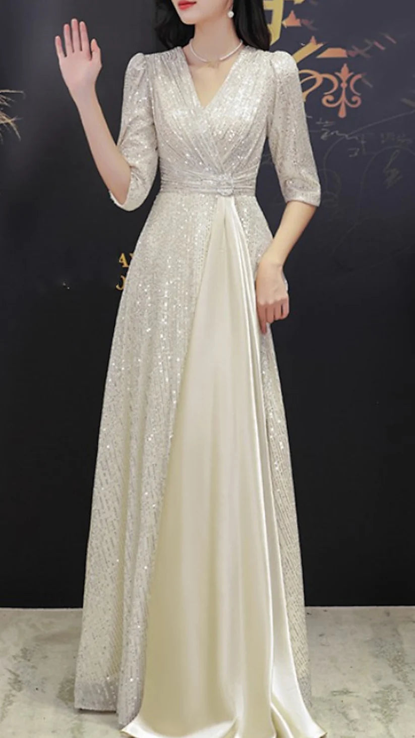 A-Line Mother of the Bride DressShine Petite V Neck Sweep Brush Train Sequined Half Sleeve with Pleats Crystal Brooch simple gentle atmospheric and unique desi Bring summer colors to enhance whiteness