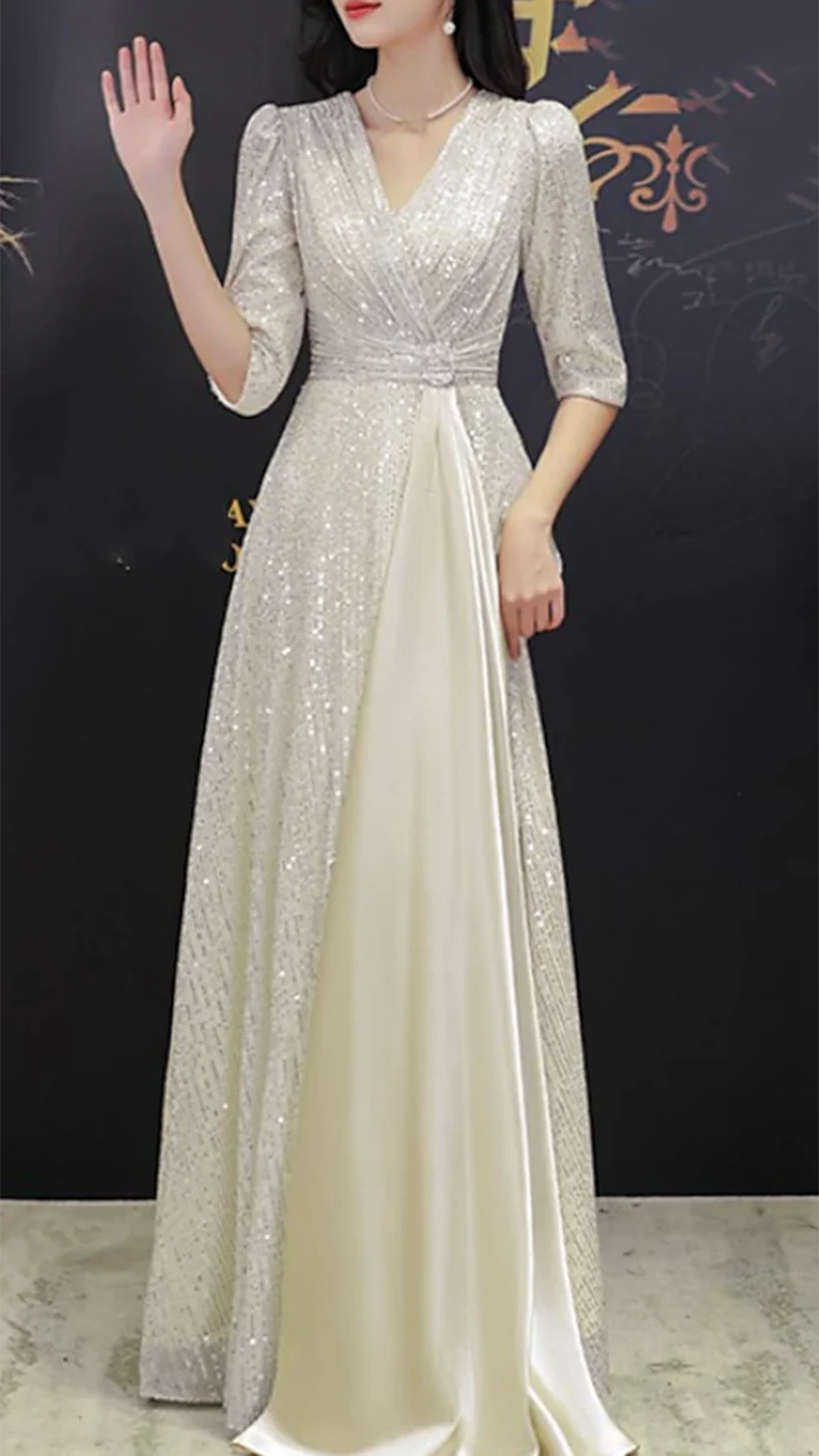 A-Line Mother of the Bride DressShine Petite V Neck Sweep Brush Train Sequined Half Sleeve with Pleats Crystal Brooch simple gentle atmospheric and unique desi Bring summer colors to enhance whiteness