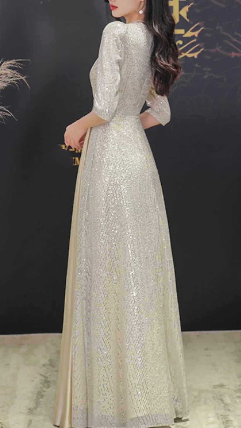 A-Line Mother of the Bride DressShine Petite V Neck Sweep Brush Train Sequined Half Sleeve with Pleats Crystal Brooch simple gentle atmospheric and unique desi Bring summer colors to enhance whiteness