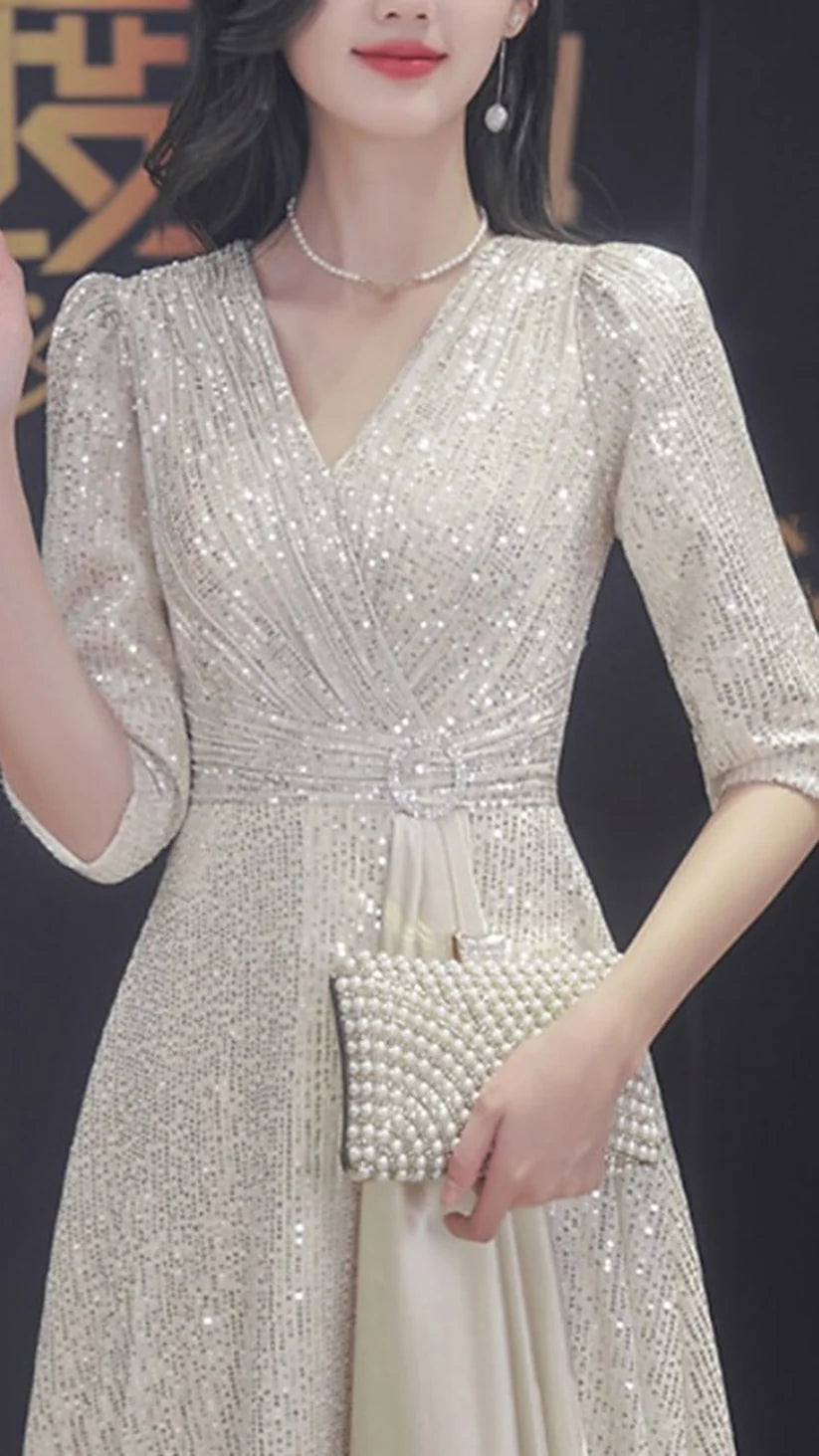 A-Line Mother of the Bride DressShine Petite V Neck Sweep Brush Train Sequined Half Sleeve with Pleats Crystal Brooch simple gentle atmospheric and unique desi Bring summer colors to enhance whiteness