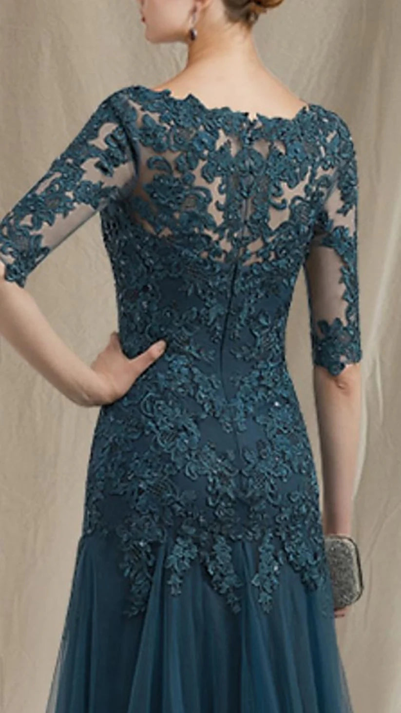 A-Line Mother of the Bride Dress V Neck Sweep Brush Train Lace Tulle Half Sleeve Appliques simple gentle atmospheric and unique desi Bring summer colors to enhance whiteness