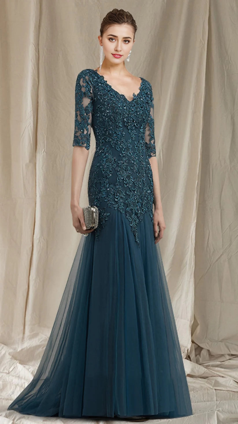 A-Line Mother of the Bride Dress V Neck Sweep Brush Train Lace Tulle Half Sleeve Appliques simple gentle atmospheric and unique desi Bring summer colors to enhance whiteness