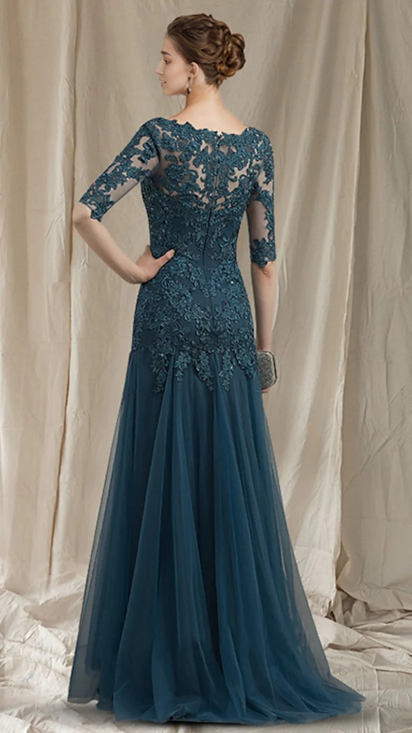 A-Line Mother of the Bride Dress V Neck Sweep Brush Train Lace Tulle Half Sleeve Appliques simple gentle atmospheric and unique desi Bring summer colors to enhance whiteness