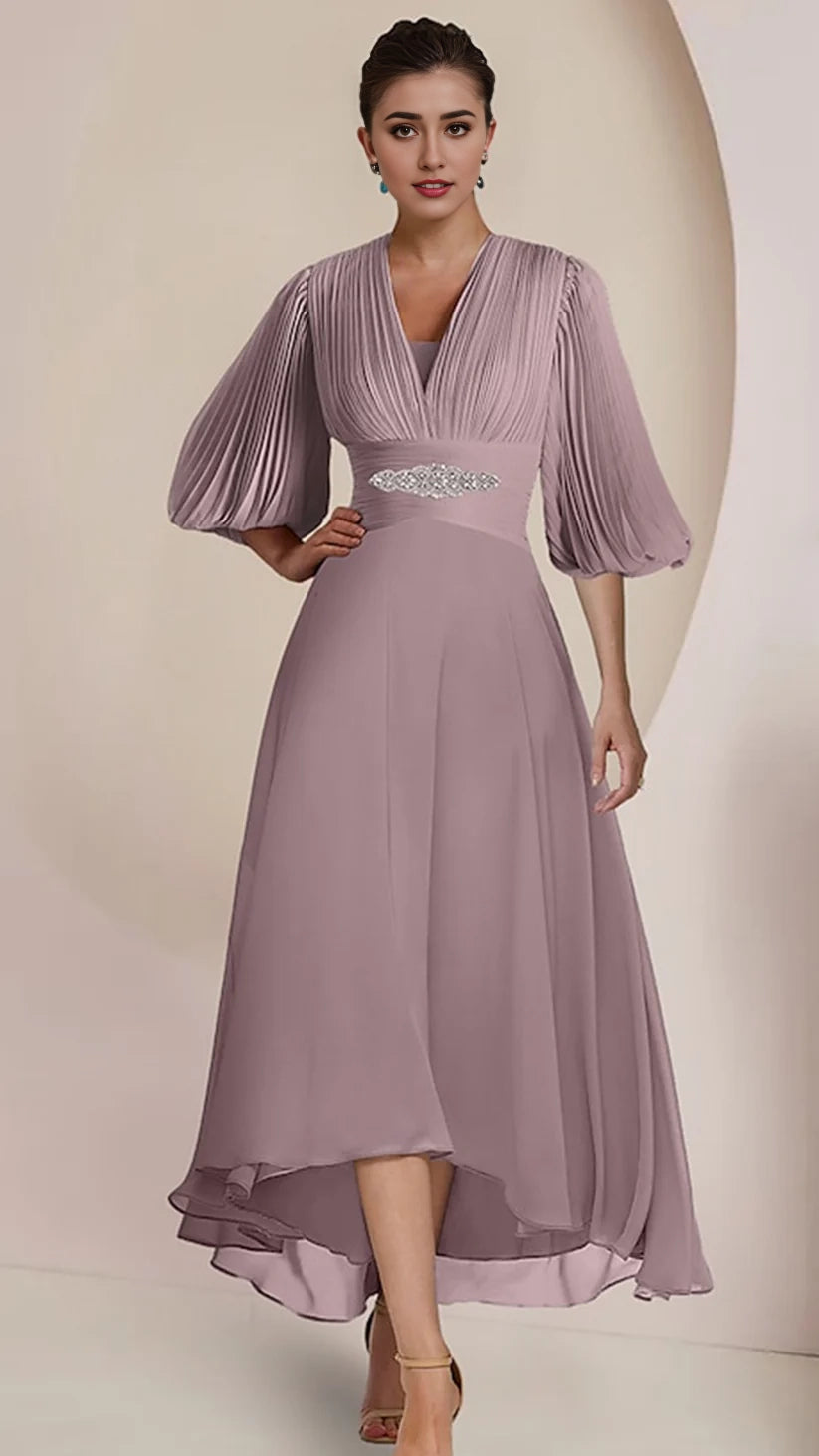 A-Line Mother of the Bride Dress V Neck Tea Length Chiffon 34 Length Sleeve with Pleats simple gentle atmospheric and unique desi Bring summer colors to enhance whiteness