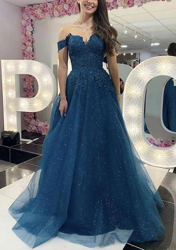 A-Line Off-the-Shoulder Long/Floor-Length Tulle Prom Dress/Evening Dress with Appliqued Glitter Simple gentle atmospheric and unique design