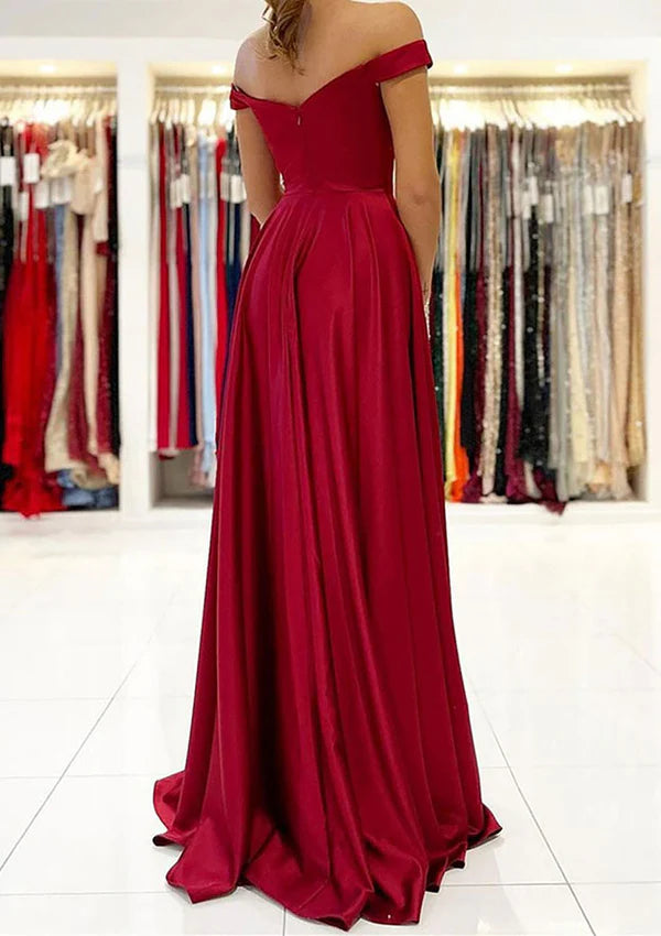 A-Line Off-the-Shoulder Long Satin Prom Dress/Evening Dress with Split Simple gentle atmospheric and unique design  ﻿