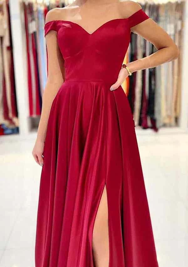 A-Line Off-the-Shoulder Long Satin Prom Dress/Evening Dress with Split Simple gentle atmospheric and unique design  ﻿