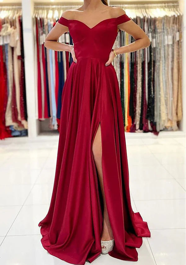 A-Line Off-the-Shoulder Long Satin Prom Dress/Evening Dress with Split Simple gentle atmospheric and unique design  ﻿