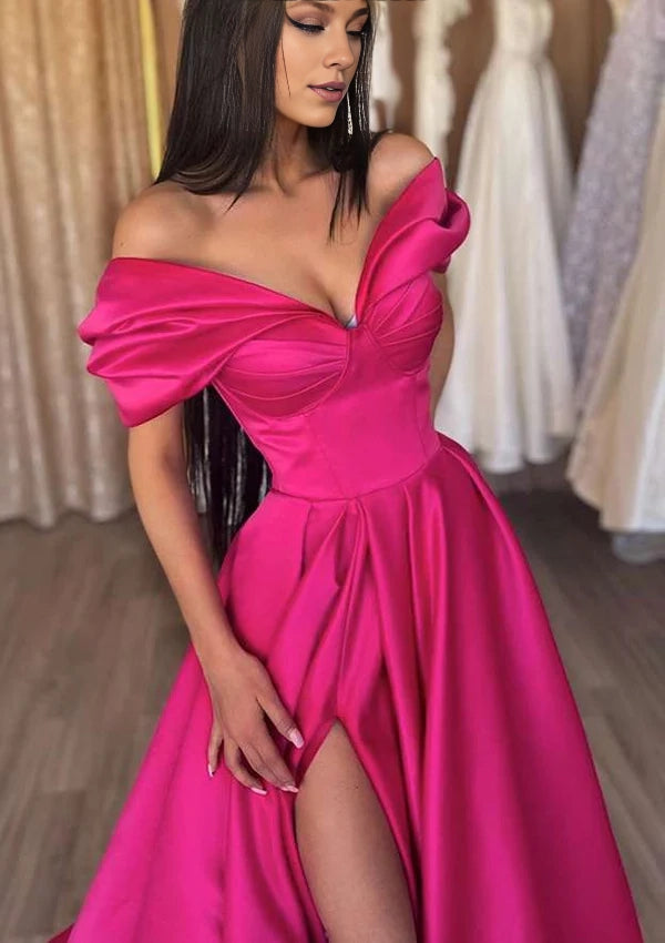 A-Line Off-the-Shoulder Long/Floor-Length Satin Prom Dress/Evening Dress with Ruffles Split Simple gentle atmospheric and unique design