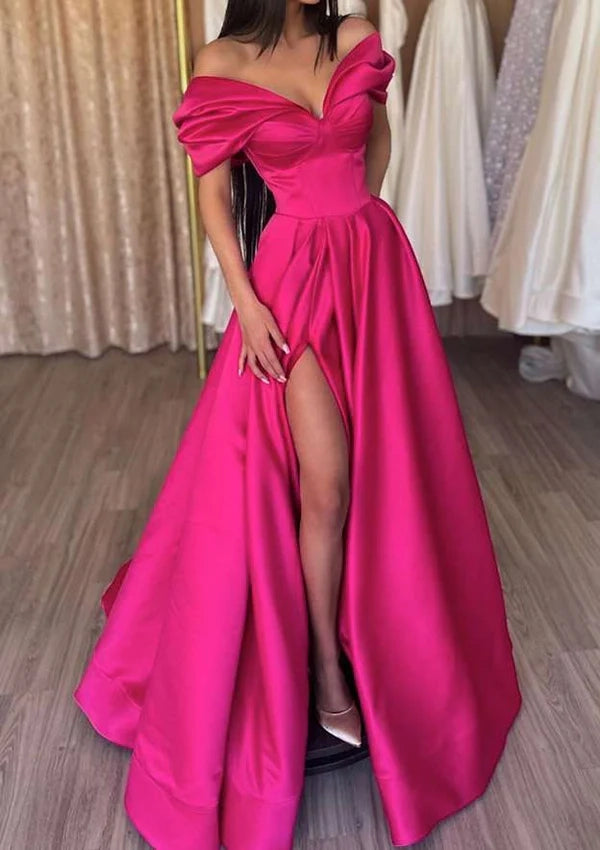 A-Line Off-the-Shoulder Long/Floor-Length Satin Prom Dress/Evening Dress with Ruffles Split Simple gentle atmospheric and unique design
