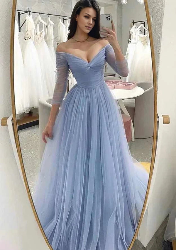 A-Line Off-the-Shoulder Prom Dress/Evening Dress with Pleated Tulle Full/Long Sleeve Sweep Train Simple gentle atmospheric and unique design