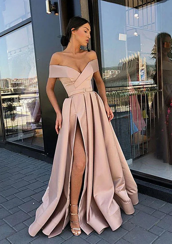A-Line Off-the-Shoulder Satin Prom Dress/Evening Dress With Bandage for a Long/Floor-Length Look Simple gentle atmospheric and unique design