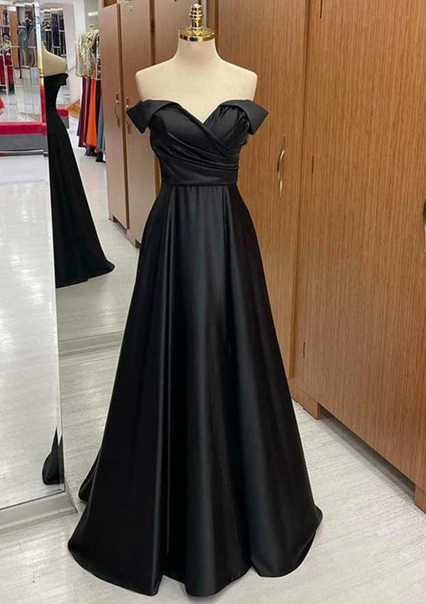 A-Line Off-the-Shoulder Satin Prom Dress/Evening Dress with Pleated Long/Floor-Length Skirt Simple gentle atmospheric and unique design