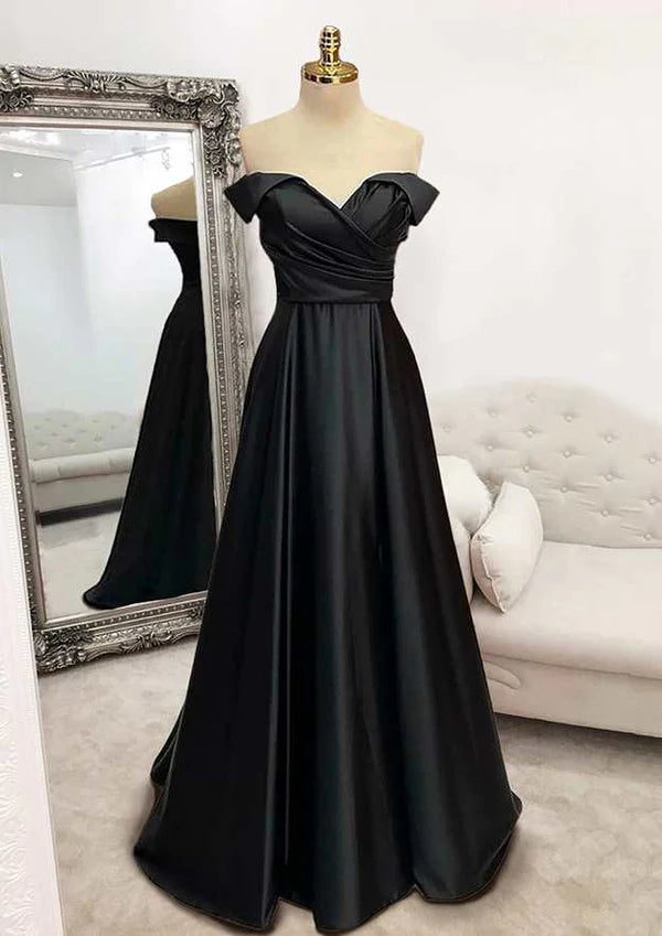 A-Line Off-the-Shoulder Satin Prom Dress/Evening Dress with Pleated Long/Floor-Length Skirt Simple gentle atmospheric and unique design