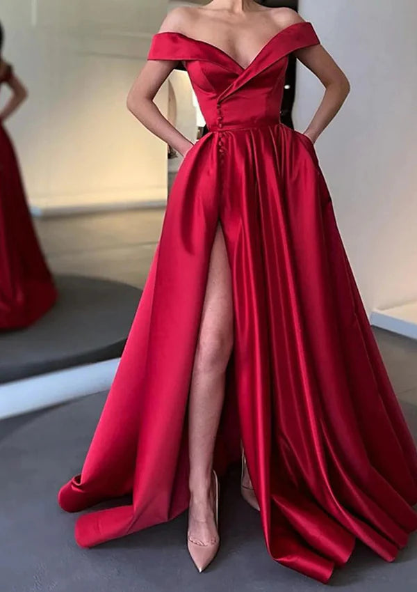 A-Line Off-the-Shoulder Satin Prom Dress/Evening Dress with Pleated Pockets and Split Train Simple gentle atmospheric and unique design