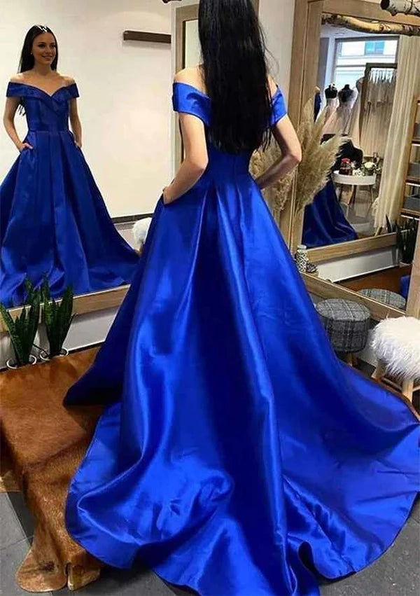 A-Line Off-the-Shoulder Satin Prom Dress/Evening Dress With Pleated Pockets Simple gentle atmospheric and unique design