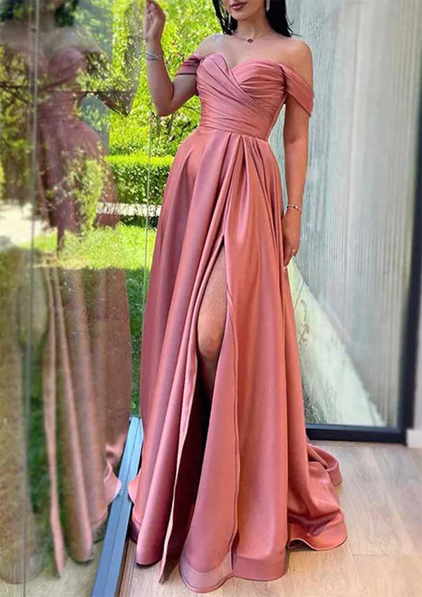 A-Line Off-the-Shoulder Sleeveless Charmeuse Prom Dress/Evening Dress with Pleated Split and Sweep Train Simple gentle atmospheric and unique design