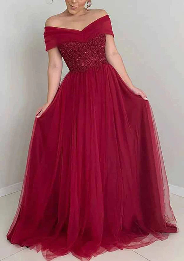 A-Line Off-the-Shoulder Sleeveless Long Tulle Prom Dress/Evening Dress With Sequins Appliqued Simple gentle atmospheric and unique design