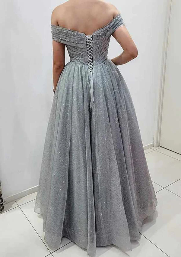 A-Line Off-the-Shoulder Sleeveless Long Tulle Prom Dress/Evening Dress with Glitter Pleats Simple gentle atmospheric and unique design