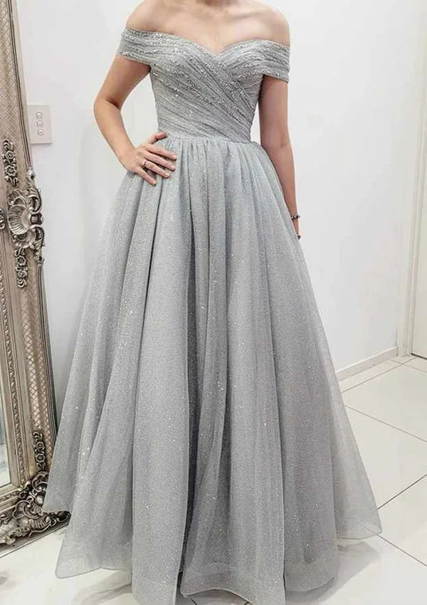 A-Line Off-the-Shoulder Sleeveless Long Tulle Prom Dress/Evening Dress with Glitter Pleats Simple gentle atmospheric and unique design