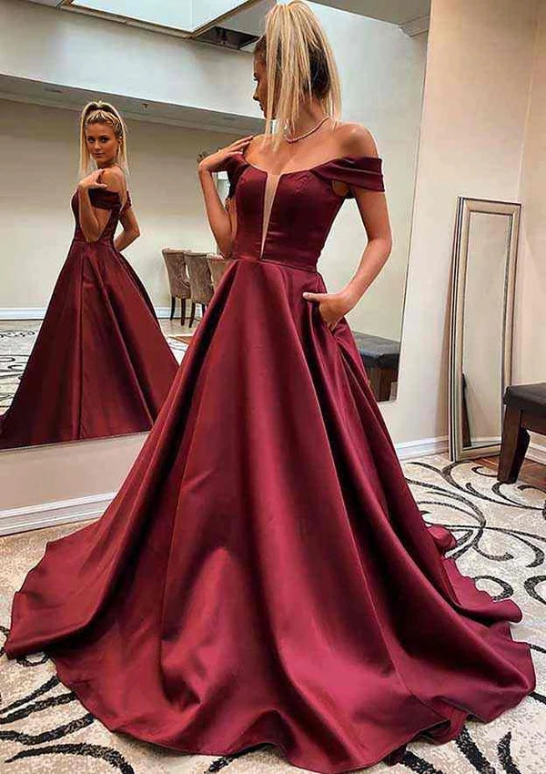 A-Line Off-the-Shoulder Sleeveless Satin Sweep Train Prom Dress/Evening Dress With Pockets Simple gentle atmospheric and unique design