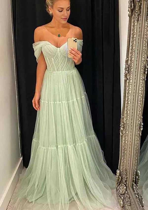 A-Line Off-the-Shoulder Sleeveless Tulle Prom Dress/Evening Dress with Pleated Sweep Train Simple gentle atmospheric and unique design