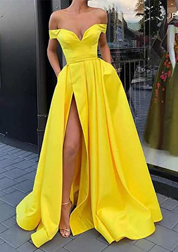 A-Line Off-the-Shoulder Strapless Long Satin Prom Dress/Evening Dress With SplitSimple gentle atmospheric and unique design  ﻿