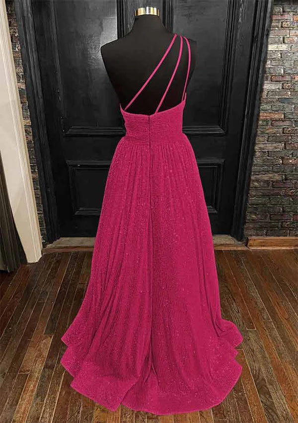 A-Line One-Shoulder Sleeveless Long/Floor-Length Sequined Prom Dress/Evening Dress With Pockets Simple gentle atmospheric and unique design