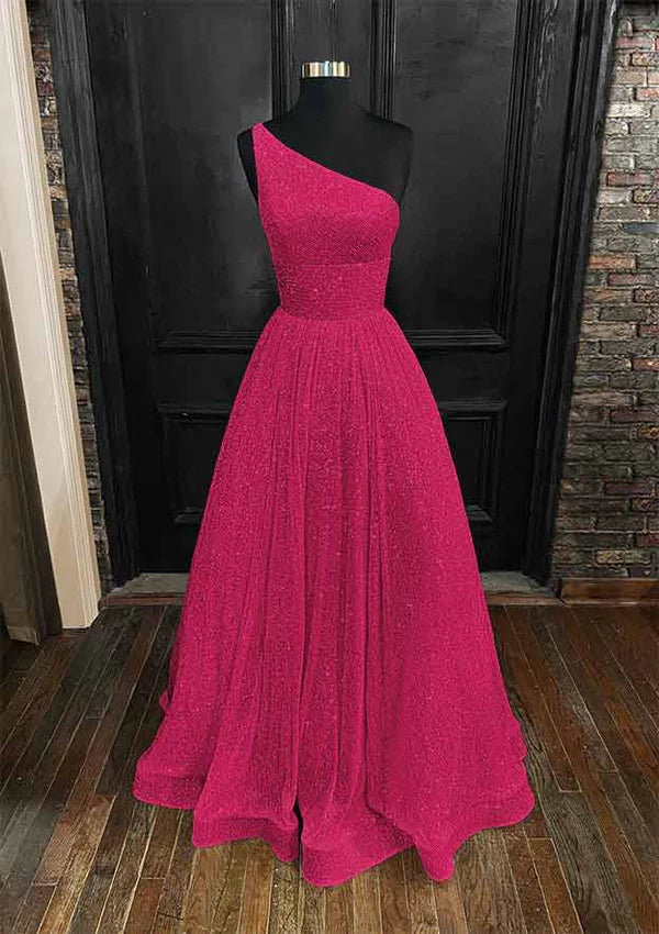 A-Line One-Shoulder Sleeveless Long/Floor-Length Sequined Prom Dress/Evening Dress With Pockets Simple gentle atmospheric and unique design