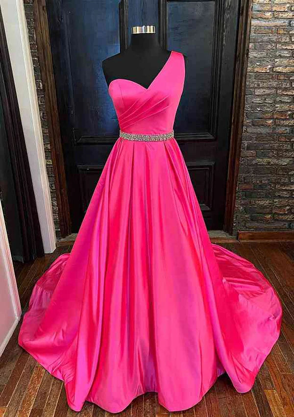 A-Line One-Shoulder Sleeveless Satin Long/Floor-Length Prom Dress/Evening Dress with Beading Pleated Simple gentle atmospheric and unique design