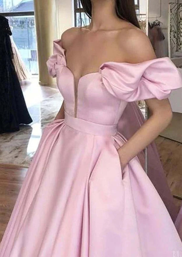 A-Line/Princess Off-the-Shoulder Prom Dress/Evening Dress With Pleated Pockets Simple gentle atmospheric and unique design