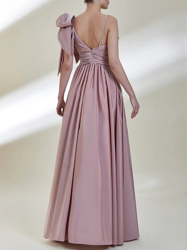 A-Line/Princess One-Shoulder Sleeveless Floor-Length Split Front/Bow(s) Satin Evening Dresses simple gentle atmospheric and unique desi Bring summer colors to enhance whiteness
