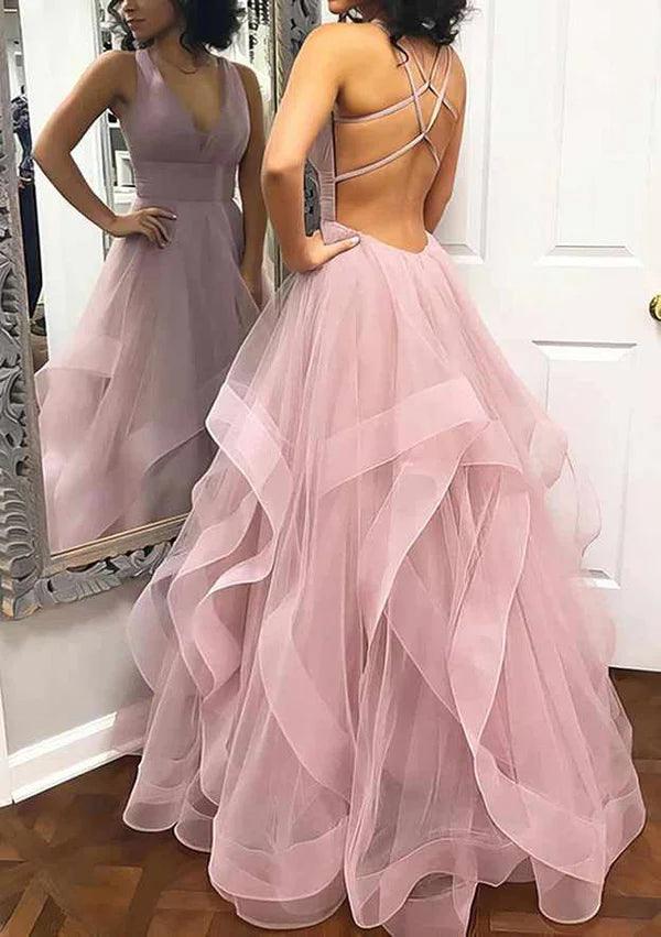 A-Line Princess V-Neck Sleeveless Tulle Long/Floor-Length Prom Dress/Evening Dress With Pleated Details Simple gentle atmospheric and unique design  ﻿