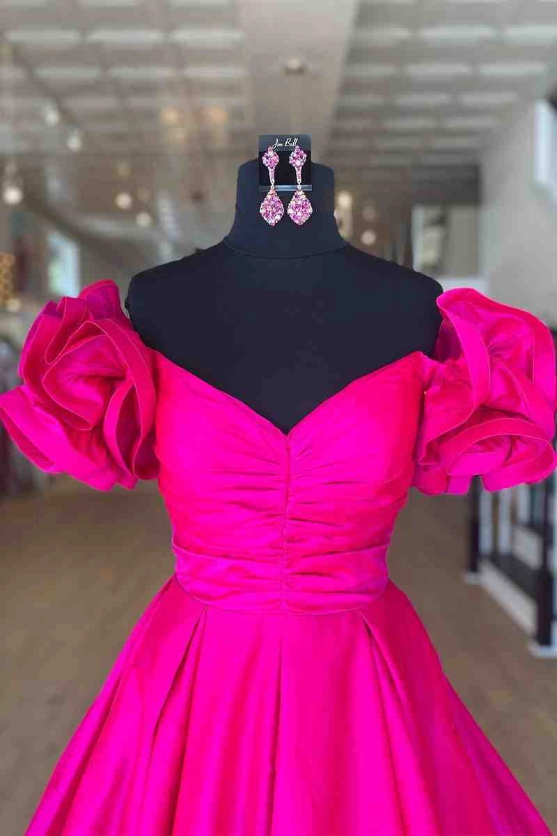 A-Line Ruffle Shoulder Fuchsia Satin Long Formal Dress Yellow Satin Evening Dresses simple gentle atmospheric and unique desi Bring summer colors to enhance whiteness