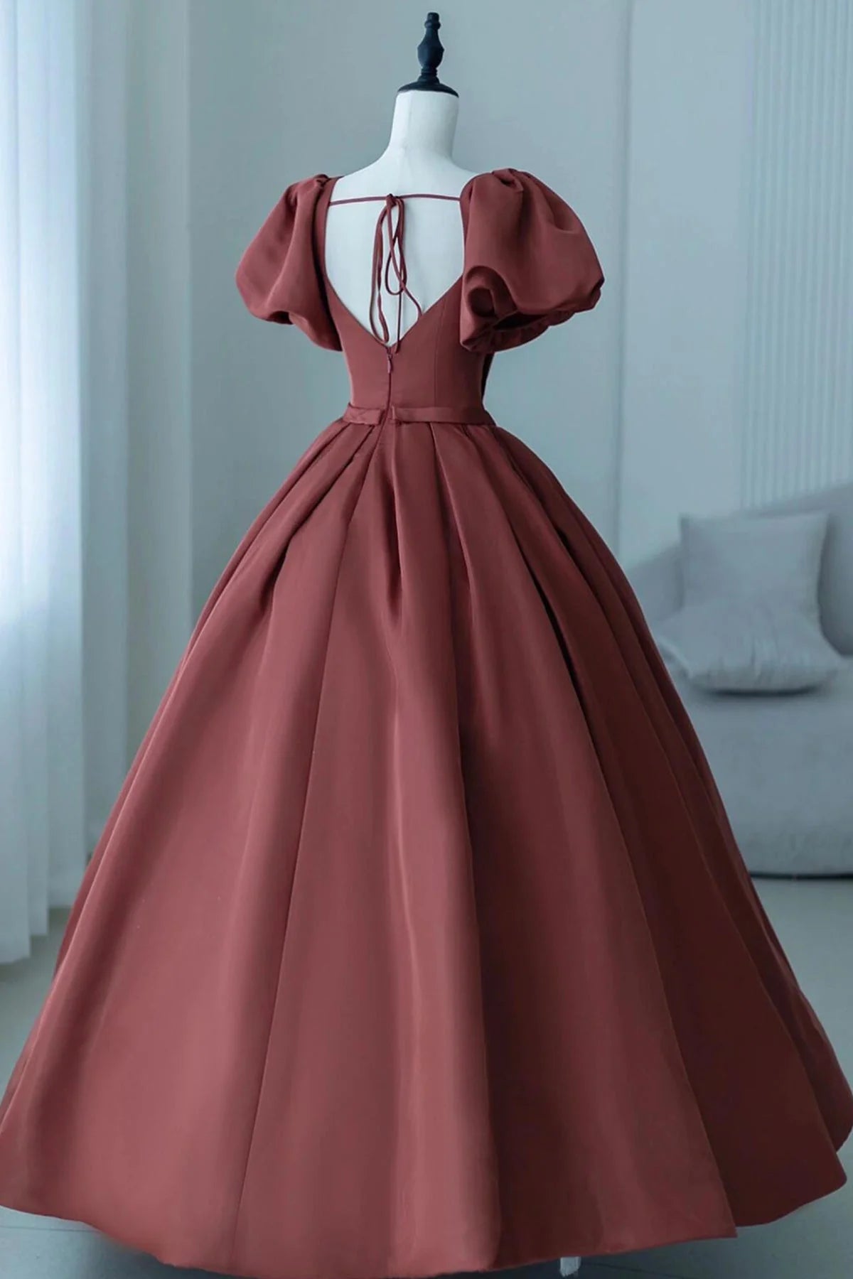 A-Line Satin Long Prom Dress Elegant Short Sleeve Evening Party Dress simple gentle atmospheric and unique desi Brin