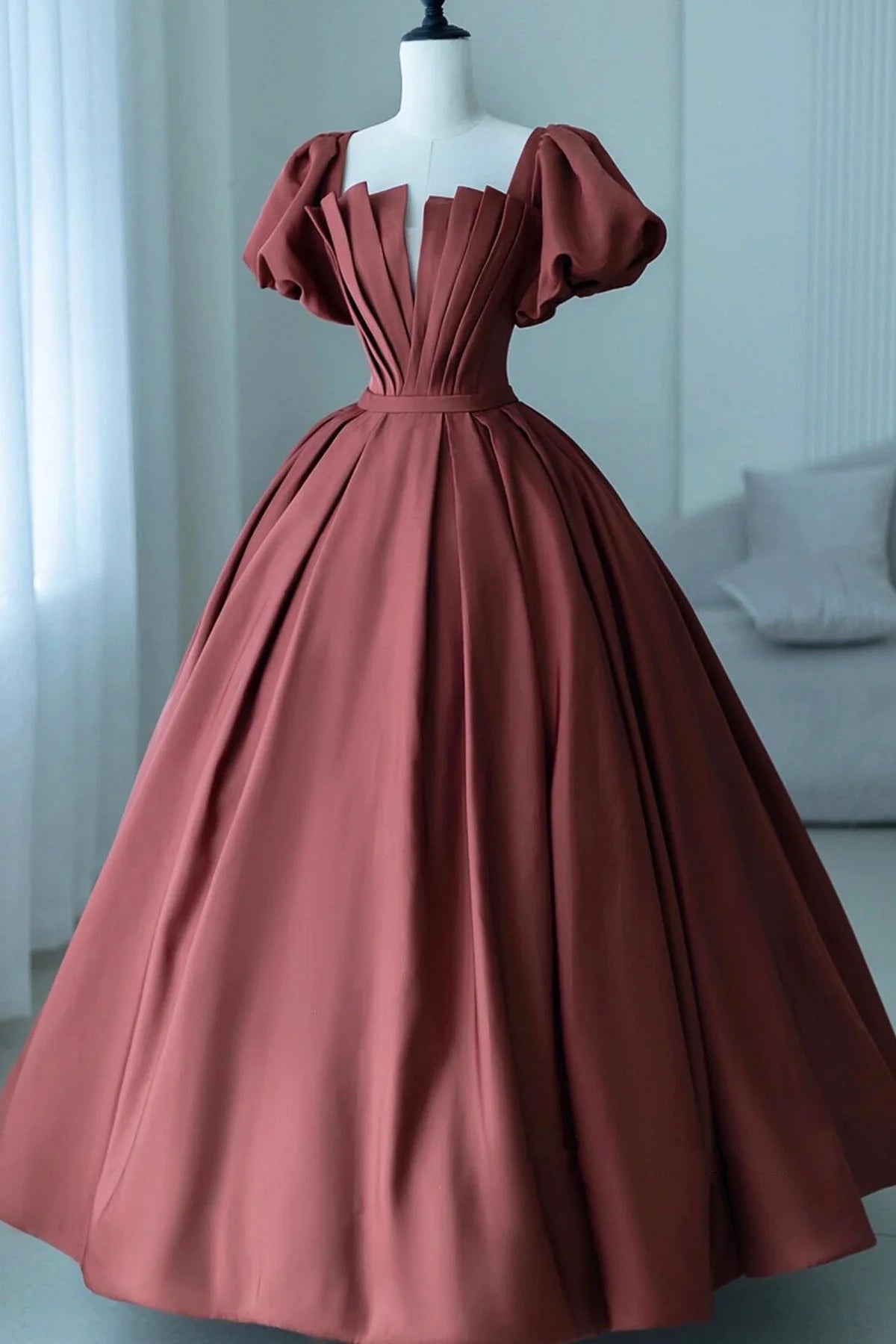 A-Line Satin Long Prom Dress Elegant Short Sleeve Evening Party Dress simple gentle atmospheric and unique desi Brin