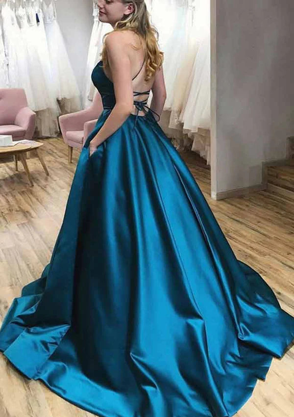 A-Line Satin Prom Dress/Evening Dress with Pleated Pockets and Spaghetti Straps - Ball Gown Square Neckline Sweep TrainA-Line Satin Prom Dress/Evening Dress with Pleated Pockets and Spaghetti Straps - Ball Gown Square Neckline Sweep Train