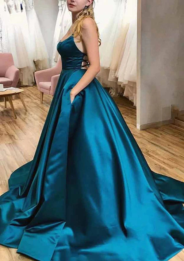 A-Line Satin Prom Dress/Evening Dress with Pleated Pockets and Spaghetti Straps - Ball Gown Square Neckline Sweep TrainA-Line Satin Prom Dress/Evening Dress with Pleated Pockets and Spaghetti Straps - Ball Gown Square Neckline Sweep Train