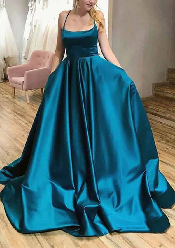 A-Line Satin Prom Dress/Evening Dress with Pleated Pockets and Spaghetti Straps - Ball Gown Square Neckline Sweep TrainA-Line Satin Prom Dress/Evening Dress with Pleated Pockets and Spaghetti Straps - Ball Gown Square Neckline Sweep Train