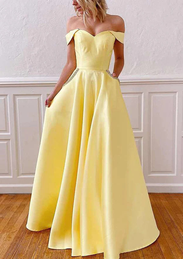 A-Line Satin Prom Dress/Evening Dress with Pockets - Off-the-Shoulder Strapless Long/Floor-Length Simple gentle atmospheric and unique design