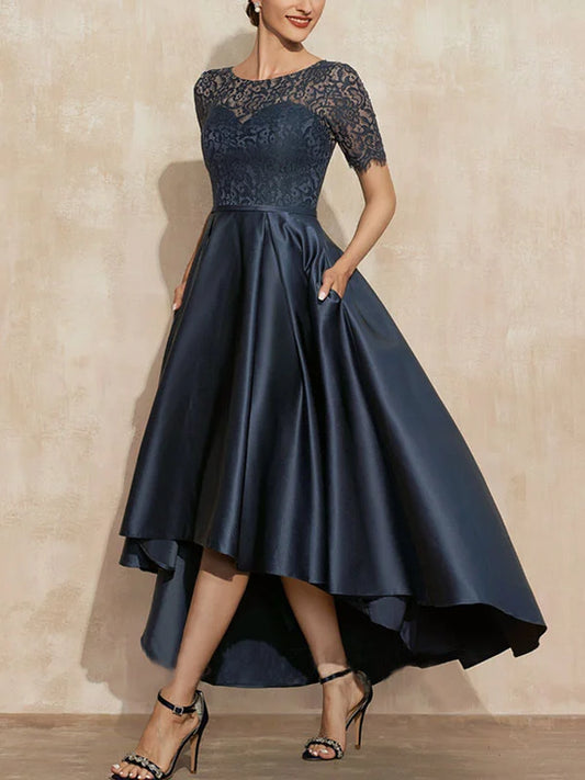 A-Line Scoop Neck Asymmetrical Satin Lace Mother of the Bride Dress With Pockets simple gentle atmospheric and unique desi Bring summer colors to enhance whiteness ﻿