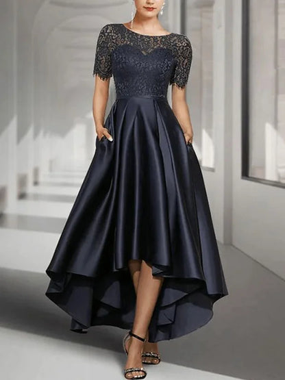 A-Line Scoop Neck Asymmetrical Satin Lace Mother of the Bride Dress With Pockets simple gentle atmospheric and unique desi Bring summer colors to enhance whiteness ﻿