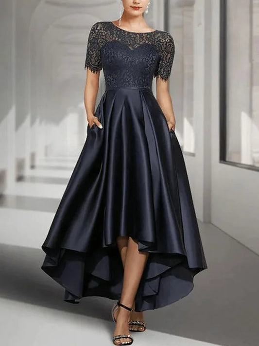 A-Line Scoop Neck Asymmetrical Satin Lace Mother of the Bride Dress With Pockets simple gentle atmospheric and unique desi Bring summer colors to enhance whiteness ﻿