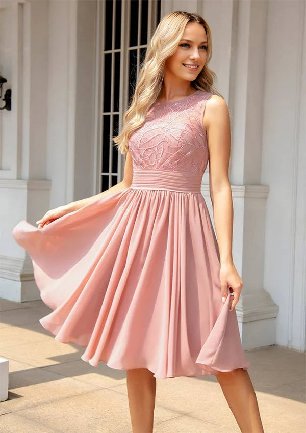 A-Line Scoop Neck Sleeveless Knee-Length Chiffon Prom Dress/Evening Dress with Appliqued Sequins Simple gentle atmospheric and unique design