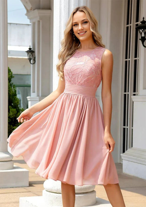 A-Line Scoop Neck Sleeveless Knee-Length Chiffon Prom Dress/Evening Dress with Appliqued Sequins Simple gentle atmospheric and unique design