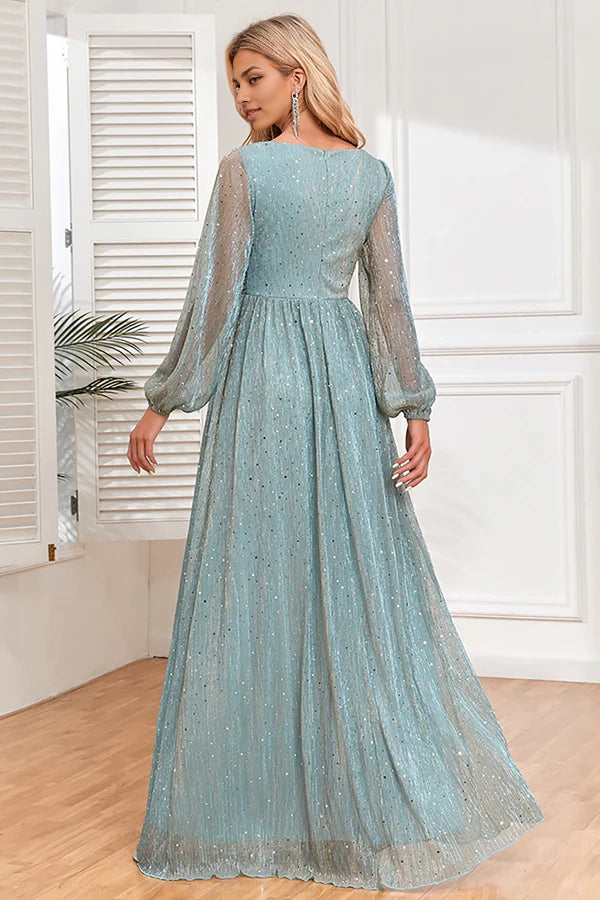 A-Line Sequins Blue Formal Dress with Long Sleeves simple gentle atmospheric and unique desi