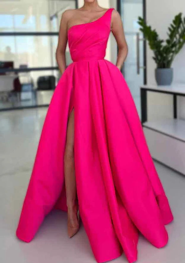 A-Line Sleeveless One-Shoulder Satin Prom Dress/Evening Dress With Split Ruffles Pockets - Long/Floor-Length Simple gentle atmospheric and unique design