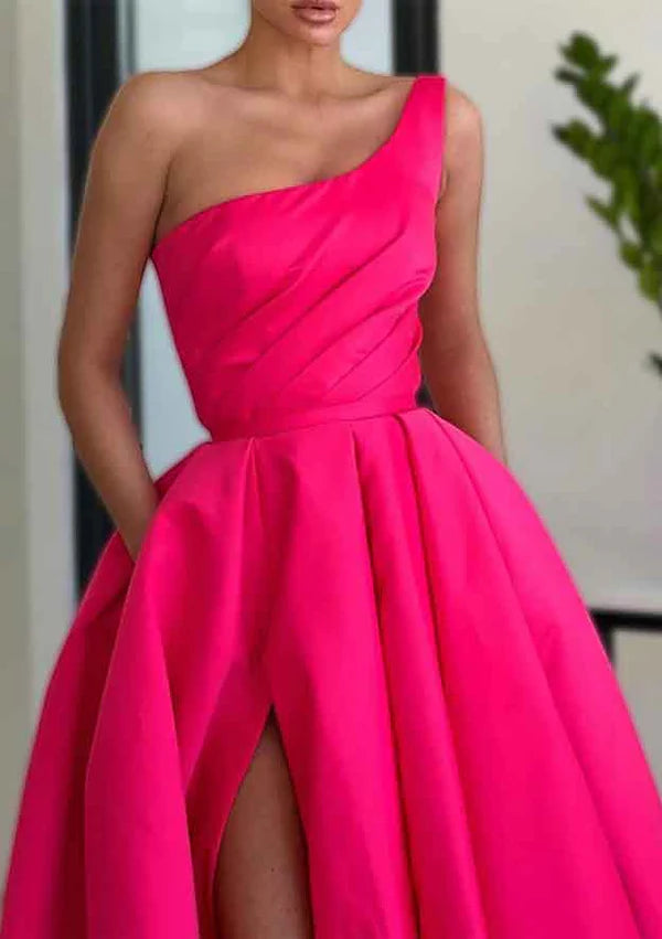 A-Line Sleeveless One-Shoulder Satin Prom Dress/Evening Dress With Split Ruffles Pockets - Long/Floor-Length Simple gentle atmospheric and unique design